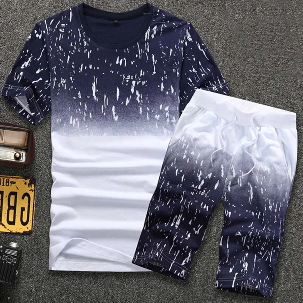 Летние мужские комплекты с градиентным принтом зимняя футболка круглым вырезом