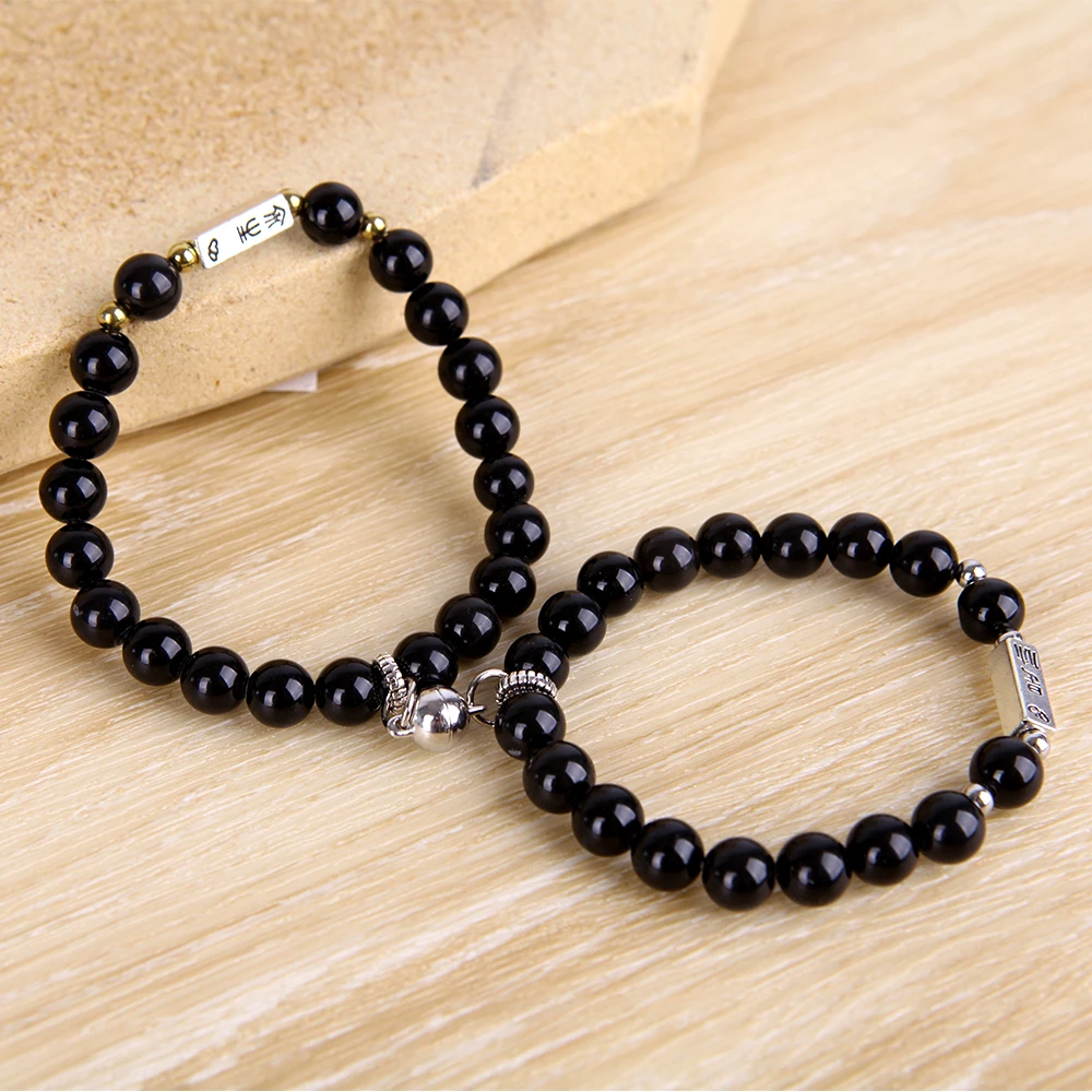 

2Pcs/Set Couples Distance Bracelet Classic Natural Stone White and Black Obsidian Beaded Bracelets for Men Women Best Friend