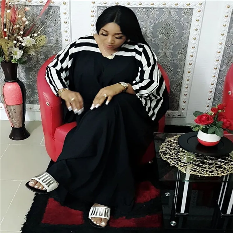 

2020 Spring Autumn Multi Color Striped Patchwork Fat Mom Dress Women V-neck Loose Long Sleeve Pullover Elegant Maxi Dress