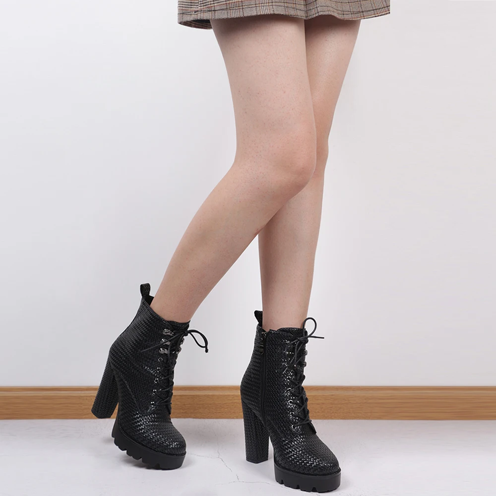 

WETKISS Woven Ankle Boots Women Cross Tied Thick High Heels Booties Snakeskin Ladies Platform Skid Proof Shoes Woman Short Boot