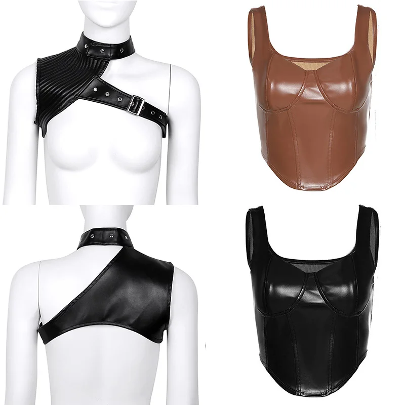 TiaoBug Women Brown Faux Leather One Shoulder Adjustable Steampunk Gothic Chest Harness Corset Bustier Costume Accessories