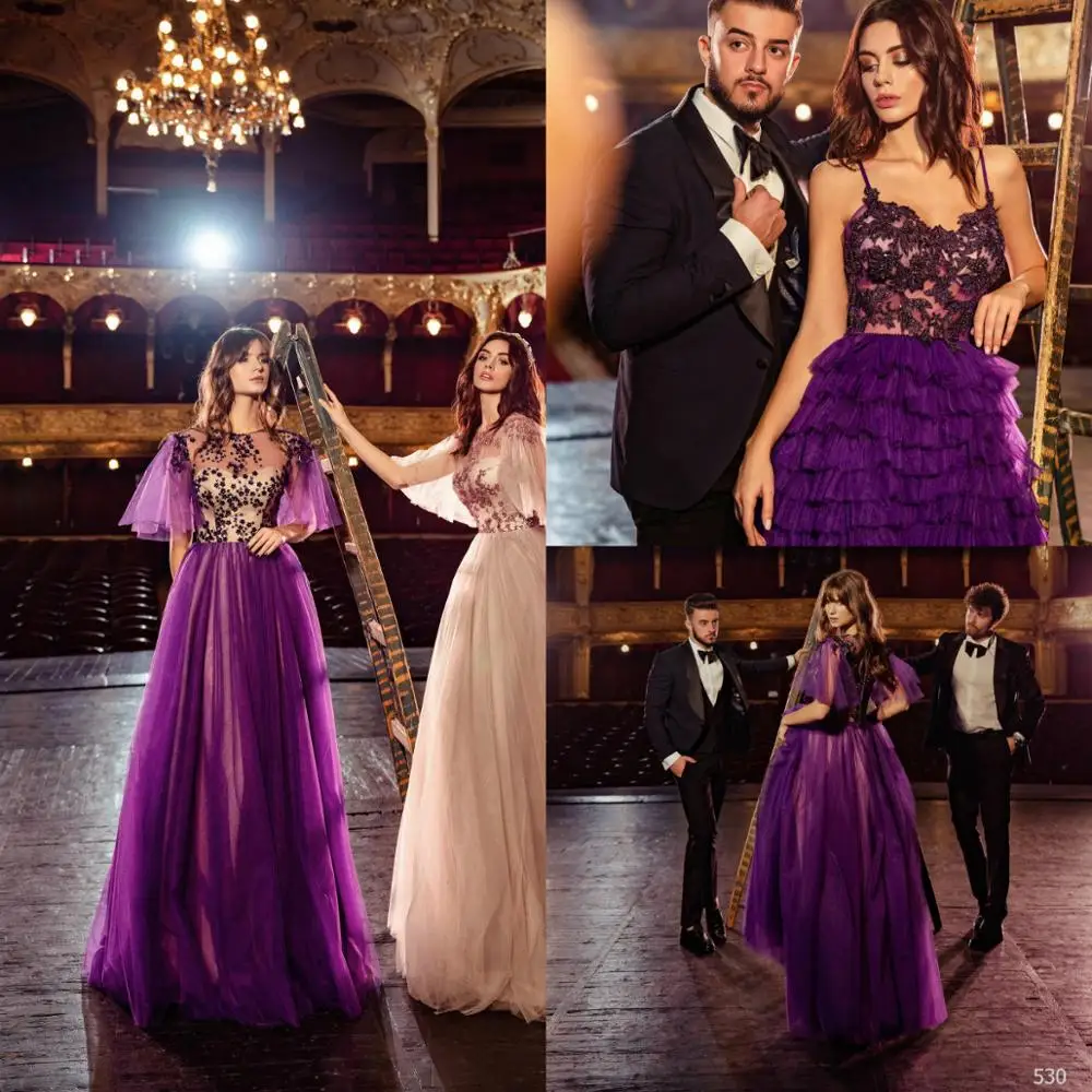 

Purple Long Evening pageant Dresses 2020 Luxury Beaded Lace Top Tiered Ruffles Custom Made A Line prom dress