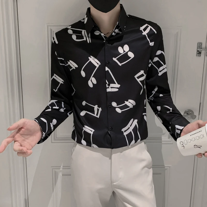 2021 New Men's Note Printed Shirts Autumn Long-sleeved Slim Musical Casual Shirt Fashion Streetwear Social Party Male Clothing