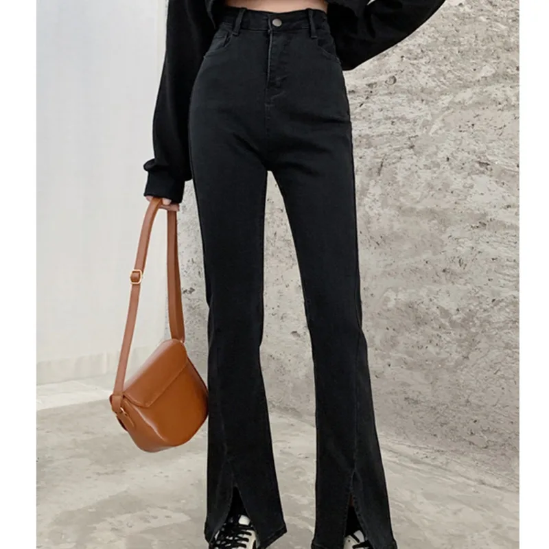 

Женские джинсы-гардероб с разрезом, весна-осень 2021, прямые широкие брюки-трубы с завышенной талией