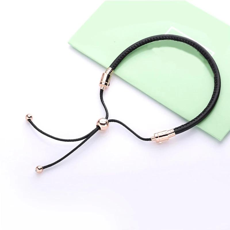 

2019 Autumn Rose gold Moments Leather Slider Bracelets for women fit silver 925 charms beads DIY jewelry adjustment bracelet