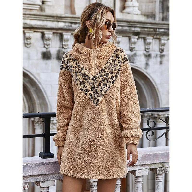 Повседневное лоскутное мини платье с леопардовым принтом капюшоном длинным