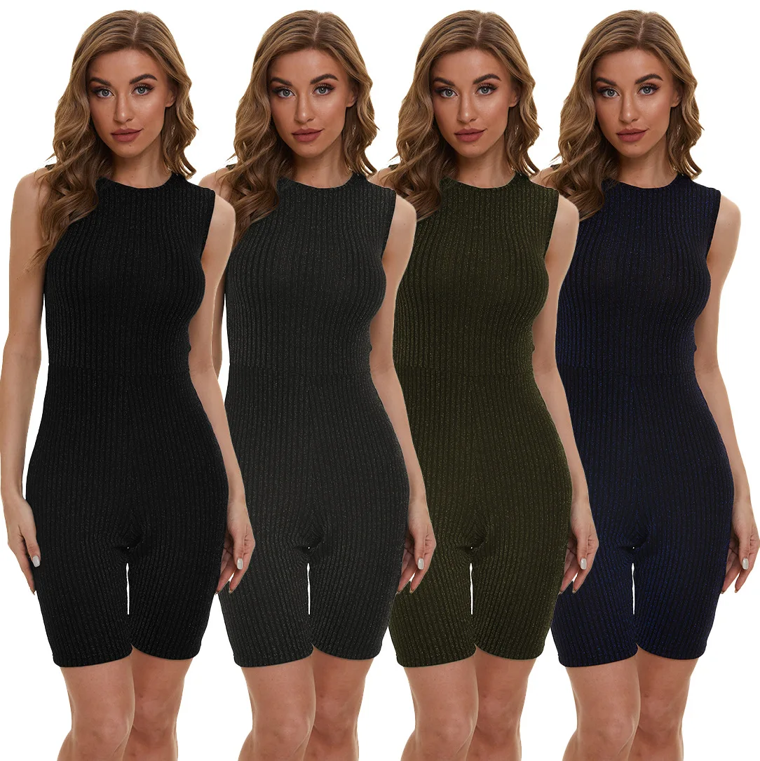 

Elastic Hight Skinny Rompers Womens Jumpsuit Women Round Neck Sleeveless Short Playsuit Elegant Summer Ladies One Piece Overall