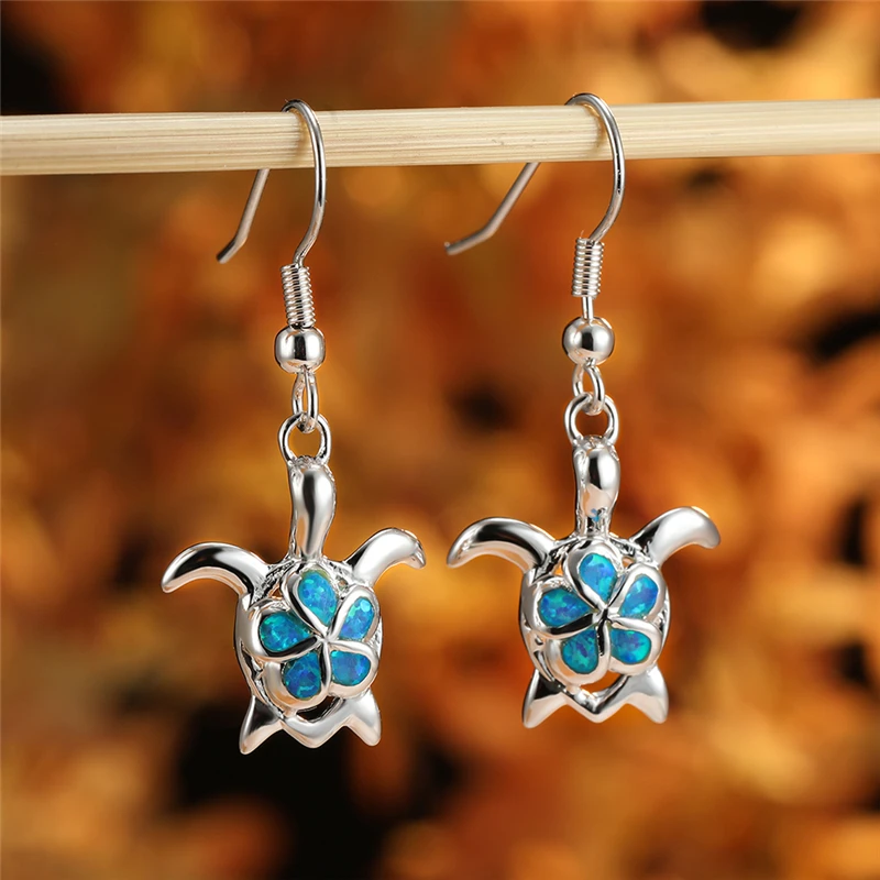 

Boho Female Blue Opal Drop Earrings Classic Silver Color Wedding Earrings Charm Flower Sea Turtle Dangle Earrings For Women