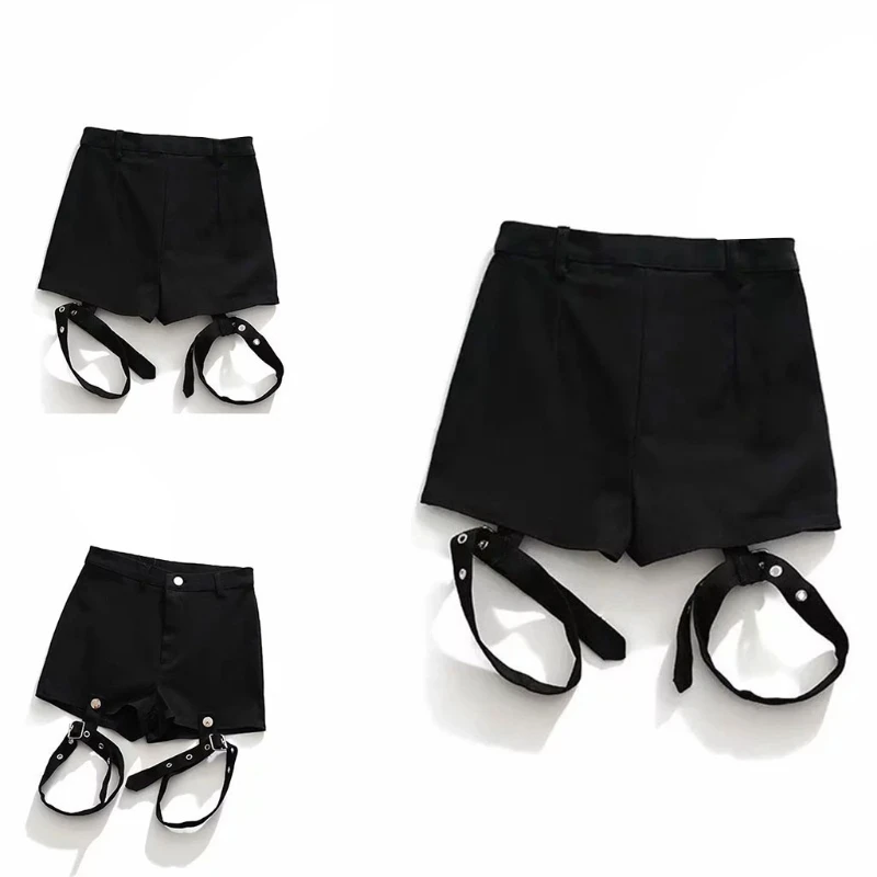 

Women Punk Rock High Waist Black Shorts with Detachable Garter Belt Leg Ring