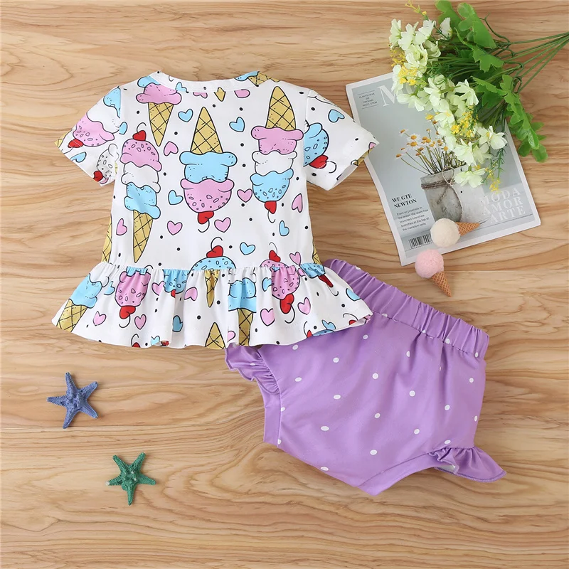 

Baby Girls Short-sleeved and Shorts Set Fashion Printed Round Neck T-shirt and Polka Dot/Stripe Short Pants