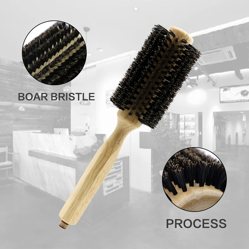 

2PCS Barber Salon Wood Handle Boar Bristles Round Brush with Wild Boar Bristle Round Brush Long Hair Styling Comb