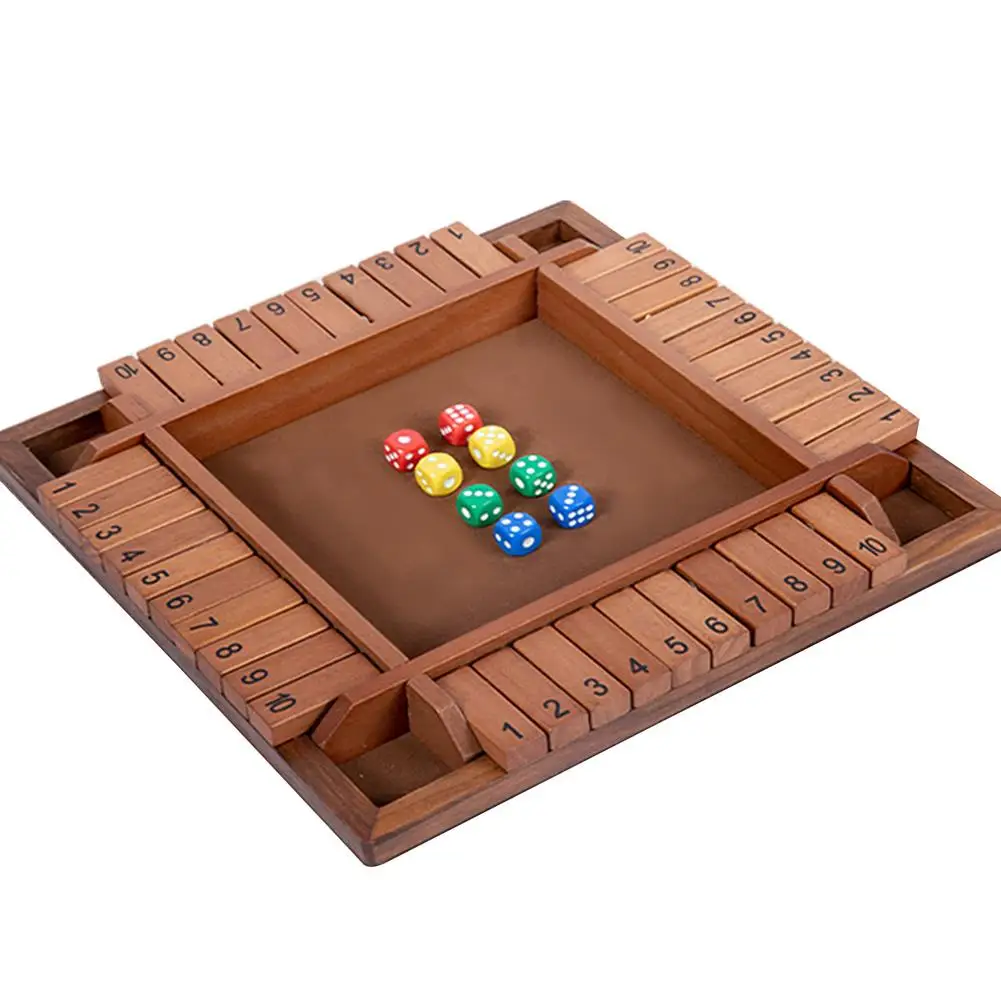 

Deluxe Four Sided 10 Numbers Shut The Box Board Game Set Wooden Flaps & Dice Party Club Drinking Games For Adults Families