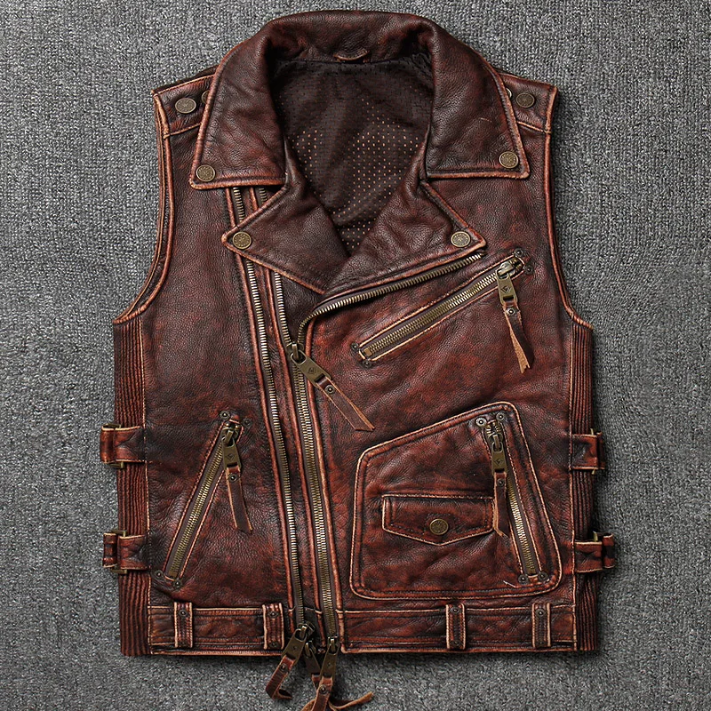 

Cowhide Men's High Quality Soft Large Size Motorcycle Biker Sleeveless Jacket for Male Thick Genuine Leather Vintage Vest
