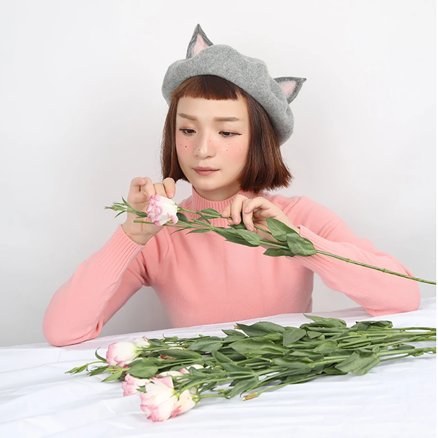 Повседневная шерстяная шапка ручной работы с милыми кошачьими ушками