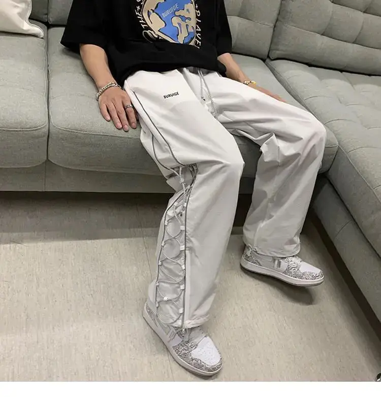 

HOUZHOU Hip Hop Men's Sports Pants Sportswear Man Black Wide Leg Trousers Male Hippie Korean Summer Men's Clothing Ankle Length