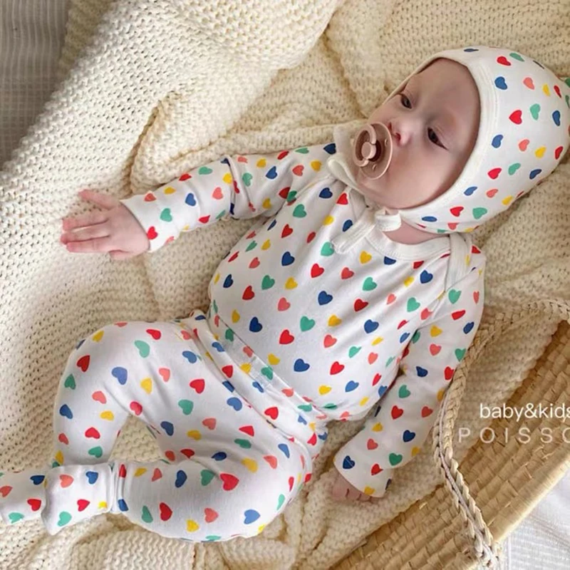 Engepapa impresi&oacute;n amor beb&eacute; reci&eacute;n nacido camisa de manga larga + polainas 2 uds de algod&oacute;n suave dulce pijamas ropa de entre Casa ropa infantil ropa-1