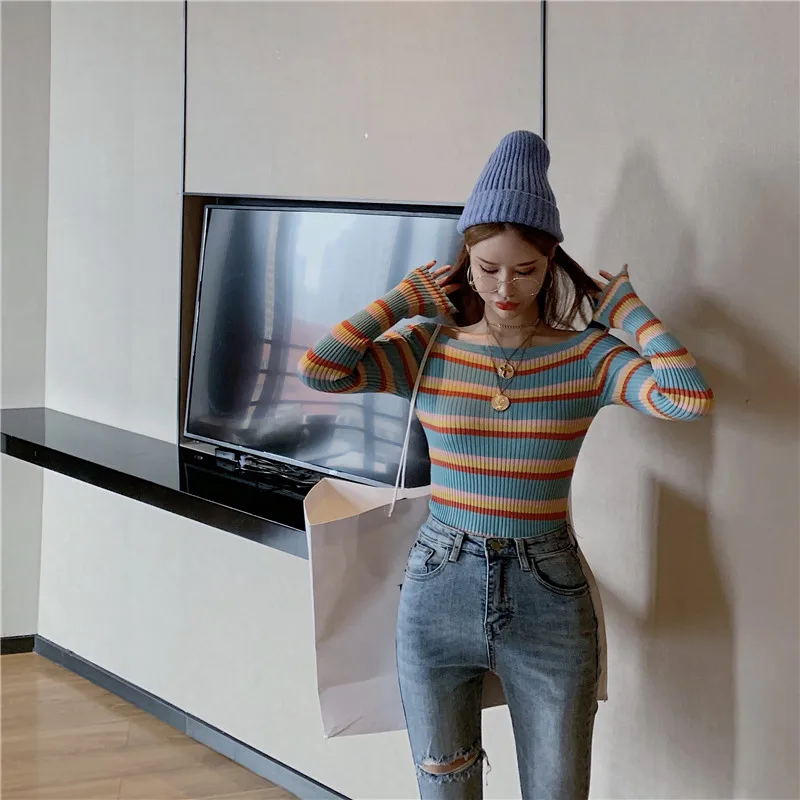 

casual striped full o-neck computer knitted slash neck off shoulder tops Spring autumn high quality Women's Clothing Sweaters
