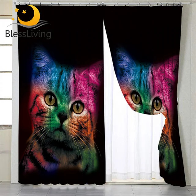 BlessLiving Colorful Cat Living Room Curtains for Girls Boys Cute Animal Window Treatment Curtains 3D Print Bedroom Accessories 1