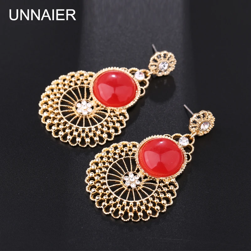 

UNNAIER Retro palace red Round Semi-precious stones earring Female Prevent allergy Rhinestone Ear jewelry