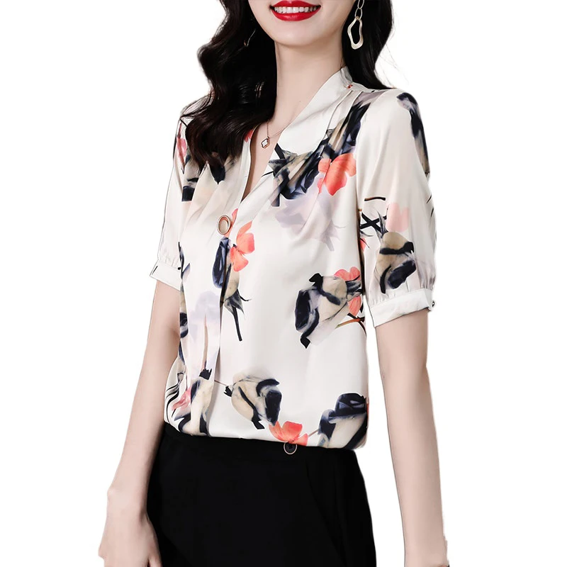 

Summer Fashion Silk Womens Tops and Blouses Satin Short Sleeve Top Women Black Floral Women Shirts Blouses