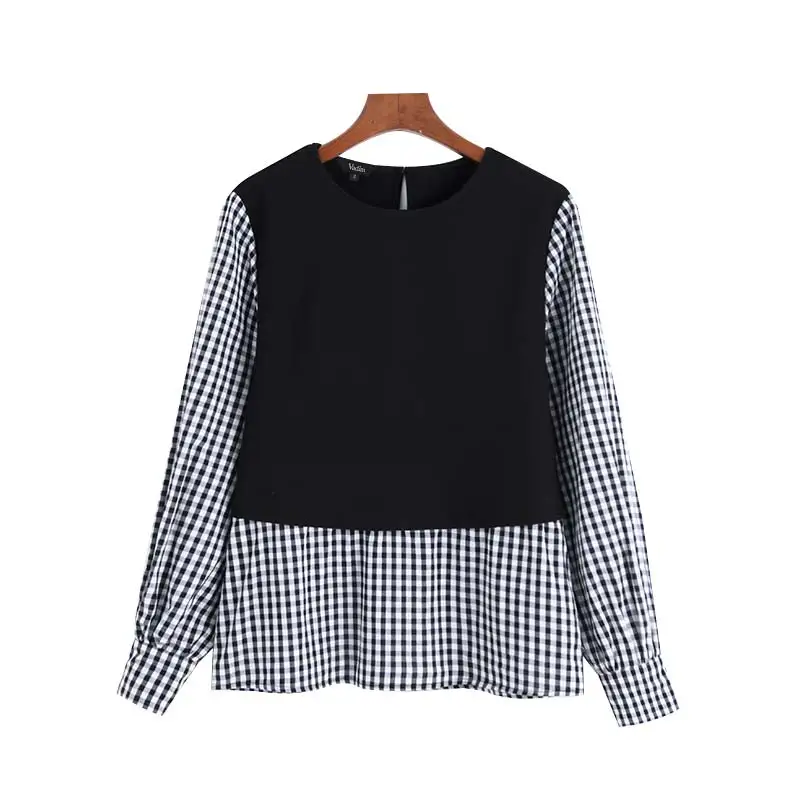 Vadim women fashion plaid patchwork blouse long sleeve O neck shirts female casual stylish tops blusas LB588 - Цвет: as picture