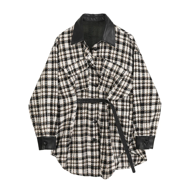 Шерстяное пальто WSYORE свободное приталенное в черную клетку с поясом большие