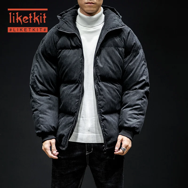 Liketkit мужские зимние куртки с капюшоном 2019 свободные толстые черные короткие