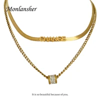 monlansher 2 layer stainless steel flat snake chain link chain mixed necklace for women zircon letter pendant chain necklaces