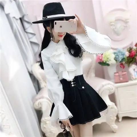 

2022 Spring And Autumn Women's Shirt White Lotus Leaf Long-Sleeved Professional Wear New Fashion