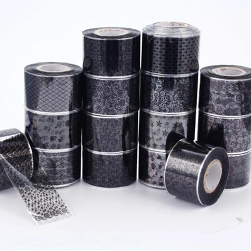 16Rolls Sexy Lace Transfer Foil Black White Nail Stickers Hollow Flower Sliders Transparent Decals Wraps Nail Art Decoration