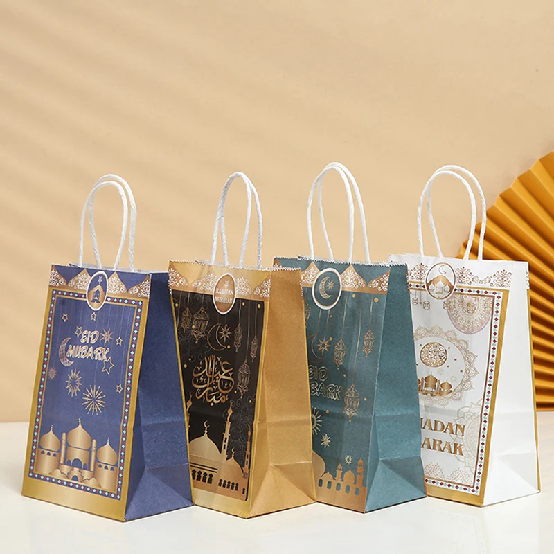 

1/12pcs Gift Bag Ramadan Kraft Paper Bag Muslim Eid Mubarak Golden Tote Bags