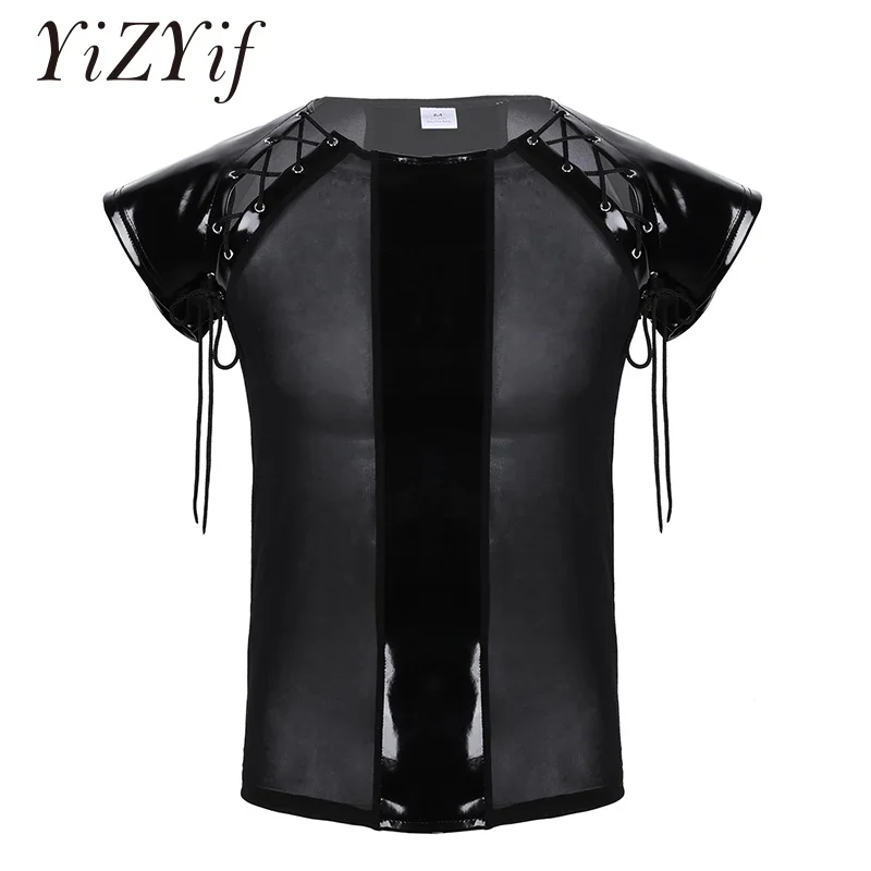 T-shirt Sexy Clubwear Mens PU Leather Splice Soft Mesh See Through maniche corte Lace-up Muscle Slim T-shirt top Lingerie