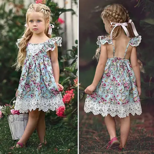Summer Hot Sell Cute Kids Baby Flower Girls Flying Sleeve Backless Dress Lace Patchwork Floral Party Pageant Princess Dresses | Детская
