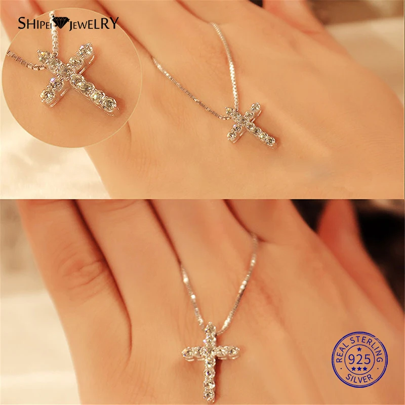 

Shipei Genuine Cross Necklace for Women 100% 925 Sterling Silver Cross Pendant Necklace Wedding Fine Jewelry Birthday Gift