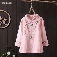 china style plus size women blouses floral embroidery 34 sleeve white shirt cotton solid color elegant ladies tops
