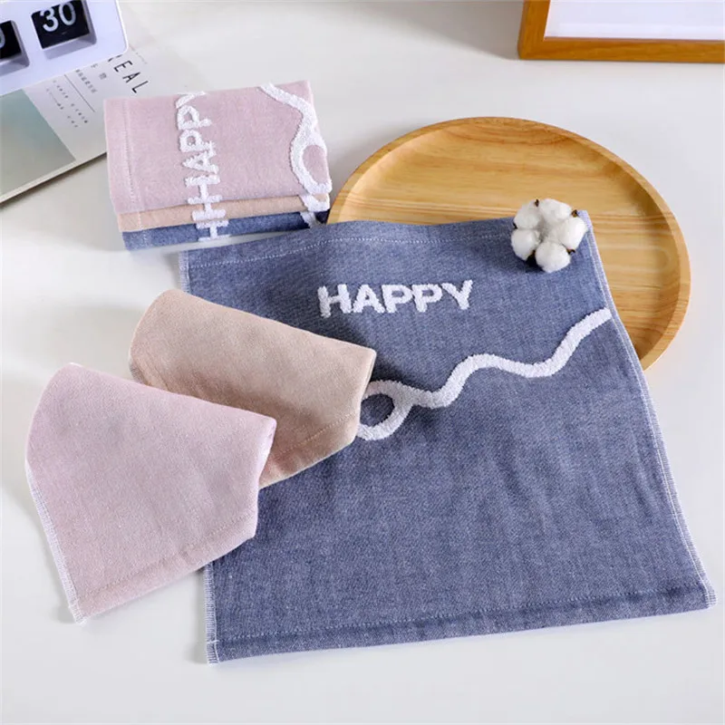

34x34cm Gauze Cotton HAPPY Jacquard Bathroom Adult Square Face Towel Soft Absorbent Double-Sided Terry