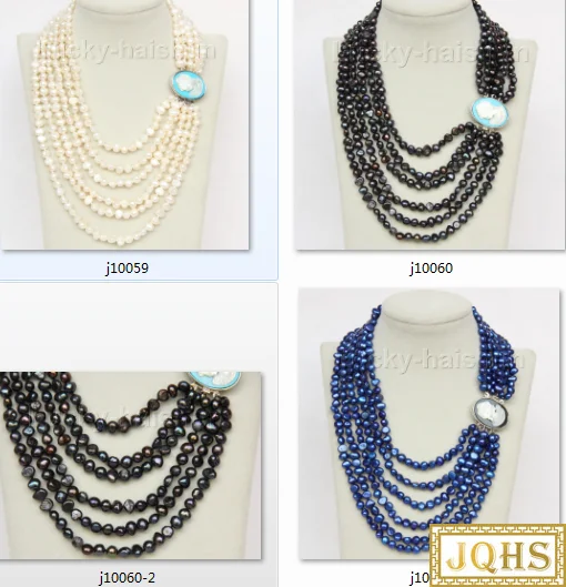 

Ожерелье из натурального жемчуга, 16-21 дюймов, 6 рядов, 8 мм, темно-синий, белый, черный, Пресноводный Жемчуг, застежка в виде раковины, J10061