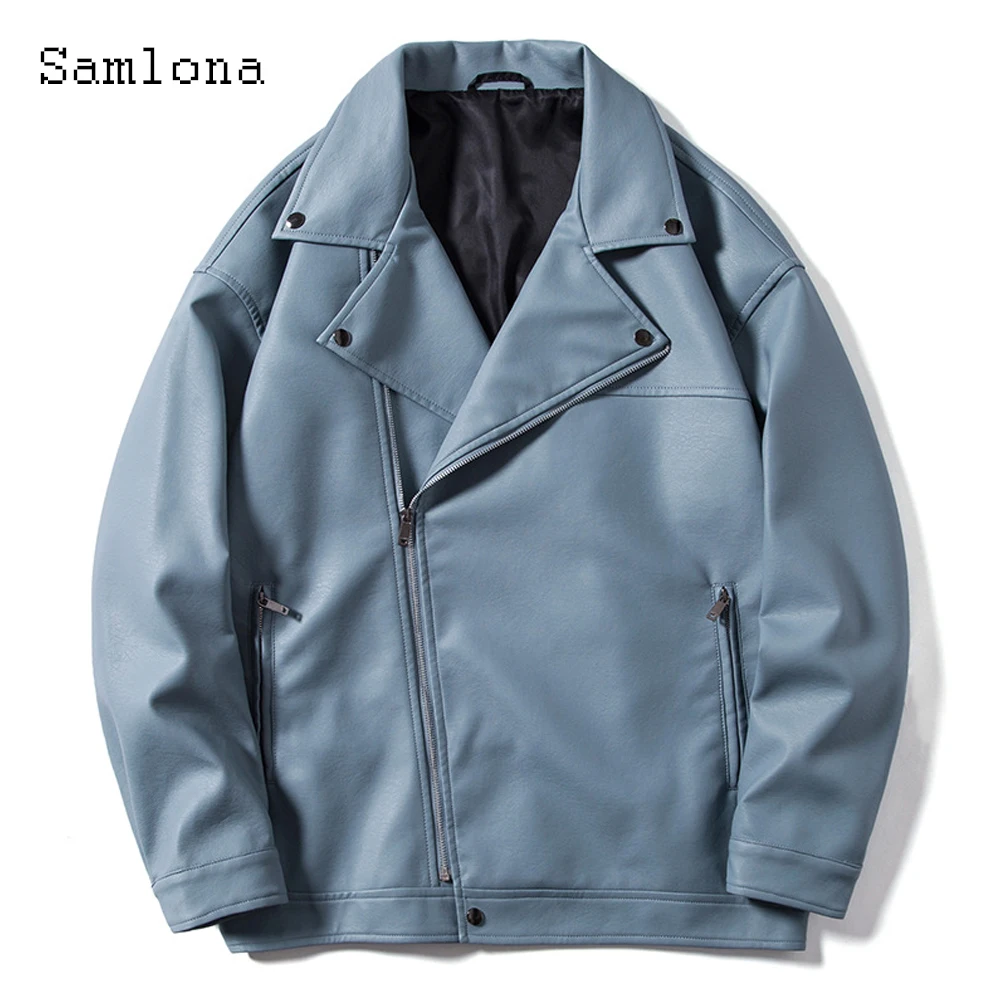 

Samlona Plus Size 3xl Mens Pu Leather Jackets 2021 Autumn Jacket Biker Faux Leather Coats Fashion Irregular Zipper Overcoats