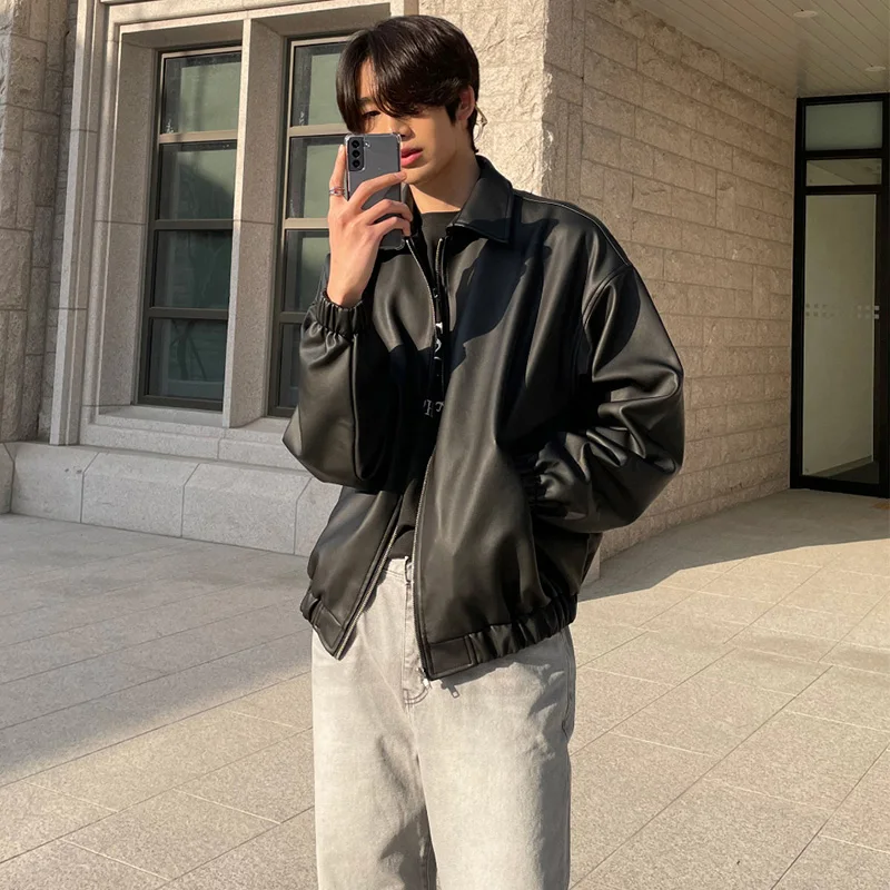 

Мужская Короткая кожаная куртка, черная Свободная куртка в байкерском стиле, Осень-зима 2021