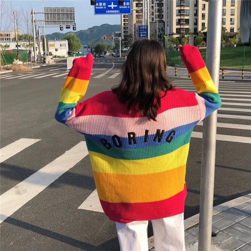 

Women Letter Embroidery Winter Jumper Rainbow Cardigan Sweater Loose Korean Sweater Oversized Cardigan Cashmere V-Neck Harajuku