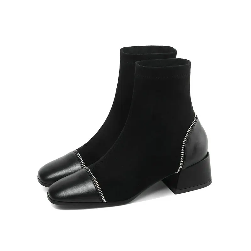 

2021 Square Heel Women Boots Autumn Winter Women Shoes Sexy patchwork square Toe Fashion Ankle Boots Big Size 34-43