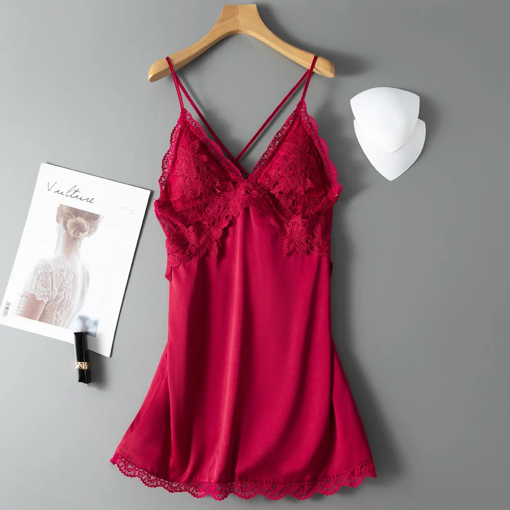 

Lace Sexy Women Rayon Mini Nightgown V-Neck Strap Top Nightdress Sleepshirt Lingerie Bride Dressing Gown Loose Summer Home Dress