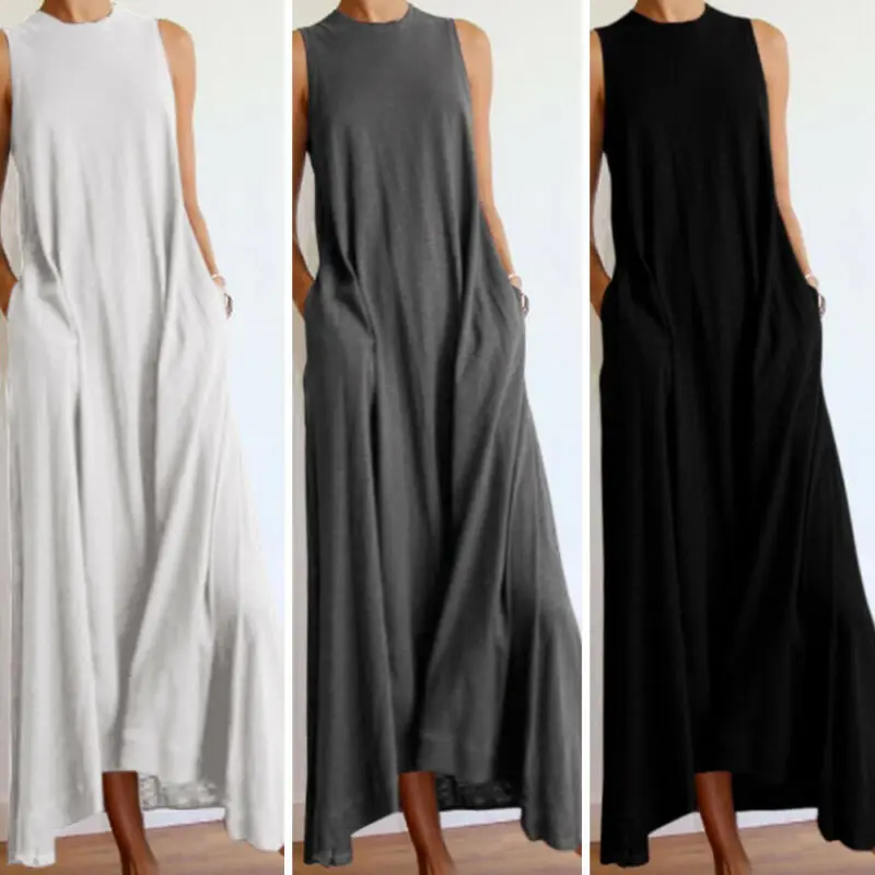 

Maxi Dresses for Women Solid Color Pockets Vest Dress Women Ladies Summer Beach Long Plus Size Vestidos