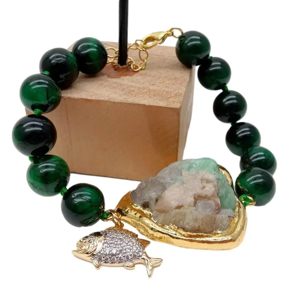 Y · YING 12 мм круглый зеленый тигровый глаз натуральные изумруды грубые браслеты с