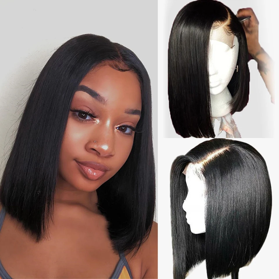 HairUGo 4*4 кружевные парики человеческие волосы парики "-14" средний коэффициент предварительно сорванный парик шнурка бразильские волосы remy для черных женщин