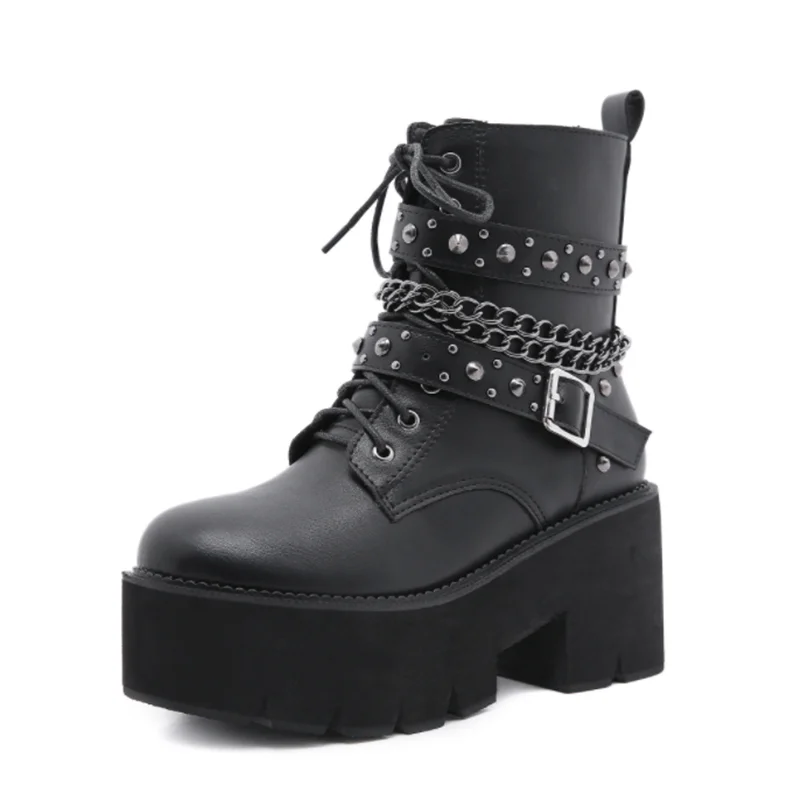 

European and American new women's short boots thick-soled Martin boots side zipper nails chain nightclub hot style women's boots