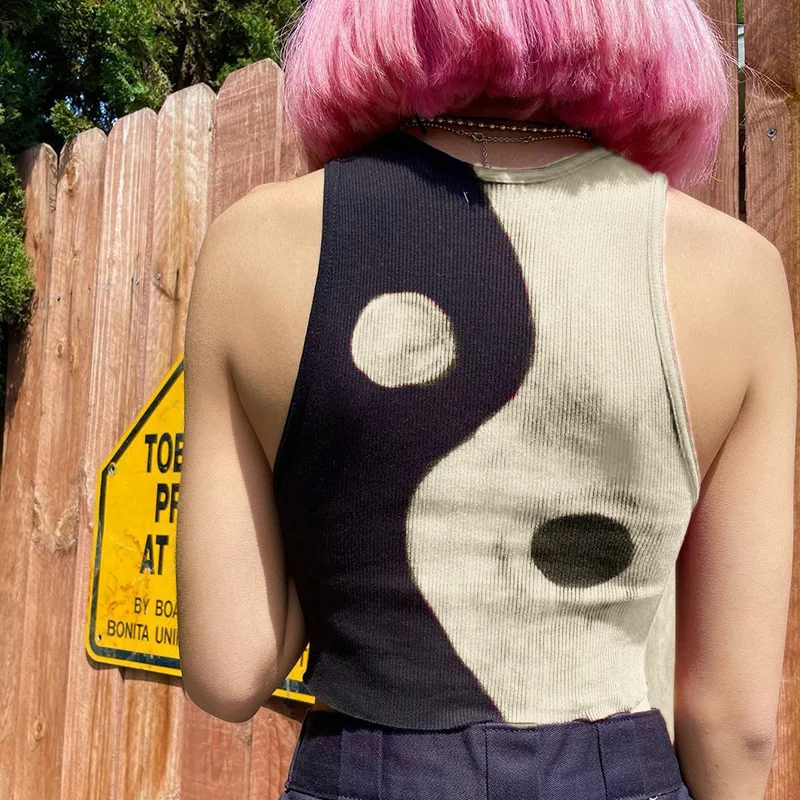 Camiseta corta de verano para mujer, Top corto de retales, Yin & Yang, Tai Chi, sin mangas, 2021