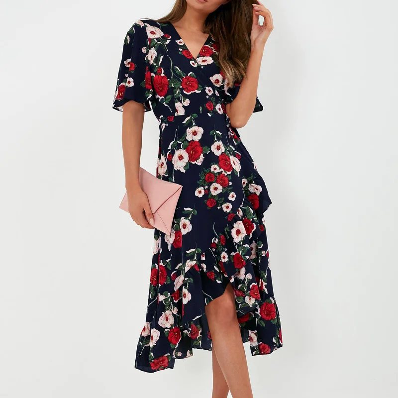 

Summer Chiffon Dress Women Floral V Neck Beach Dress Flare Short Sleeve Sashes Party Dress Sexy Sundress Vestidos De Verano 2XL