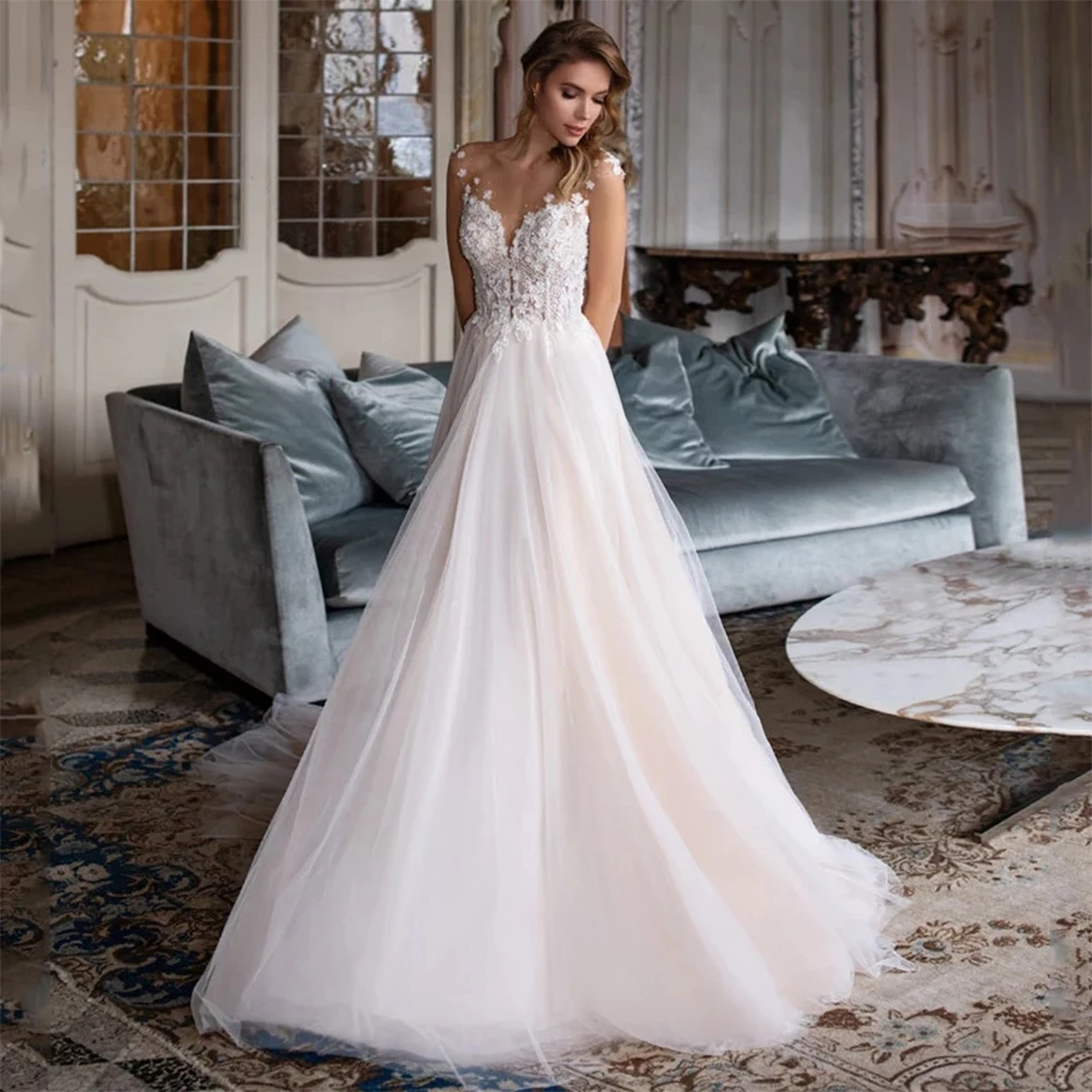 

Charming Sweetheart Weddding Dresses 2021 Lace Appliques Sleeveless A Line Sweep Train Bridal Gowns for Women Robe De Mariée