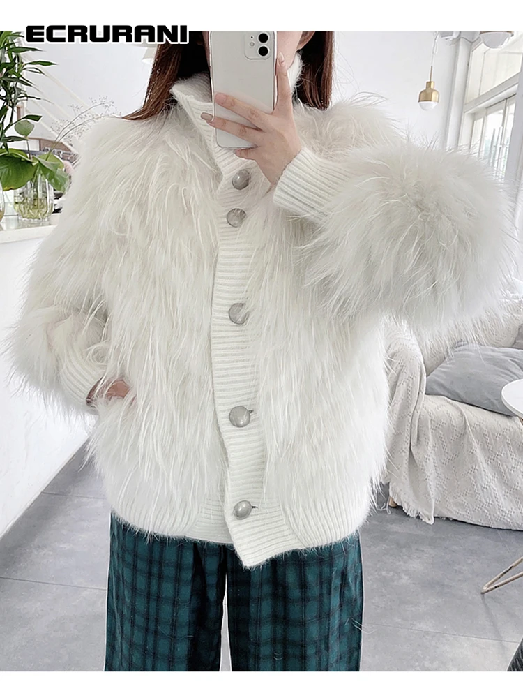 

Повседневная белая модная куртка ECRURANI для женщин, с воротником-стойкой и длинным рукавом, свободные однобортные зимние пальто, женская одеж...